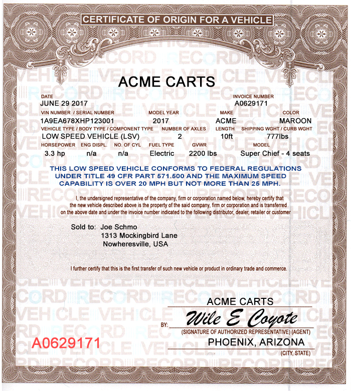 LSV - Low Speed Vehicle Manufacturer License